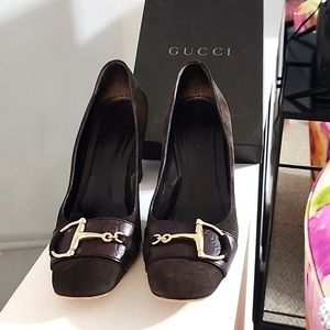 Gucci chocolate brown suede pumps with 4" block heel size 7.5 with original box.